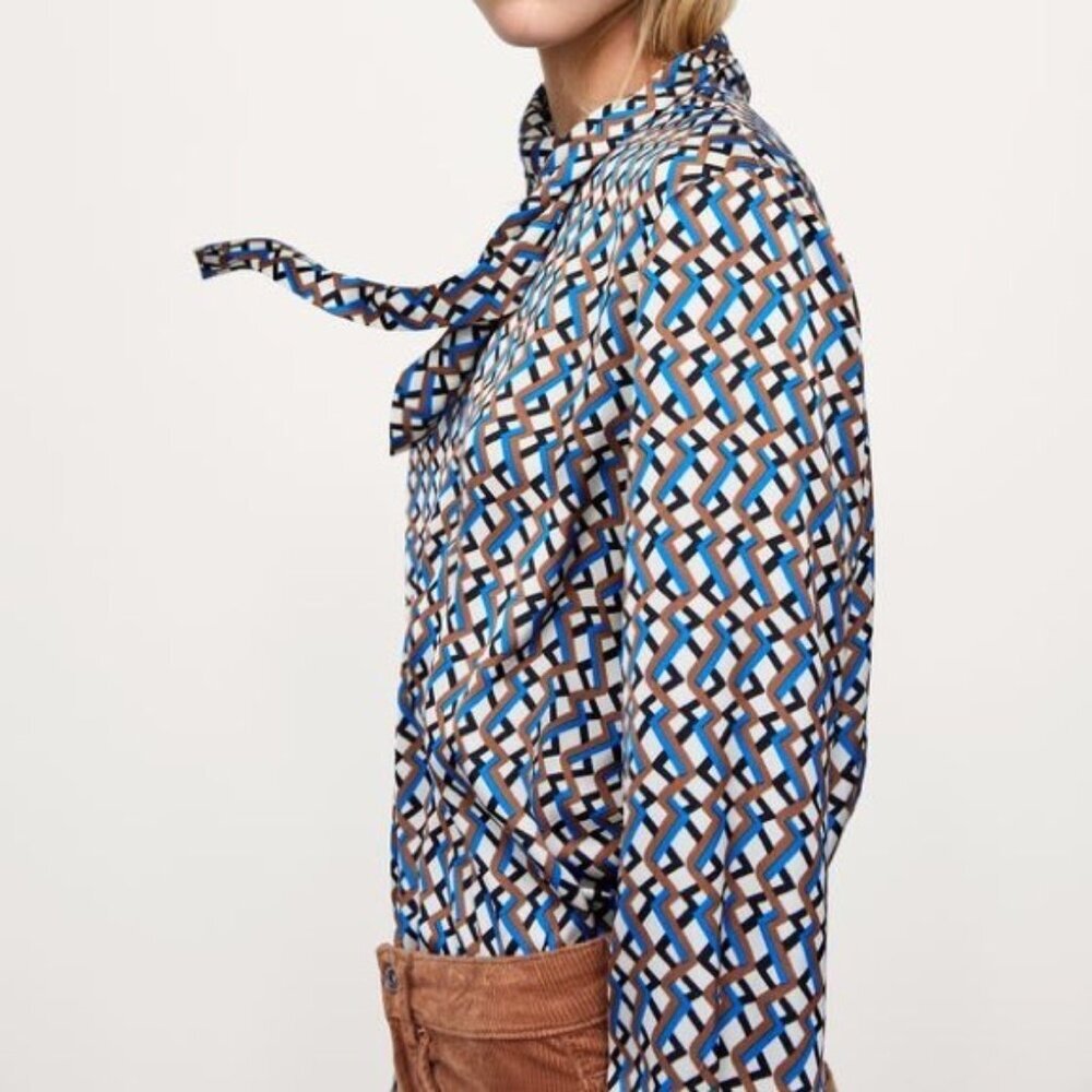 Zara Woman Geometric Print Tie-Neck Blouse